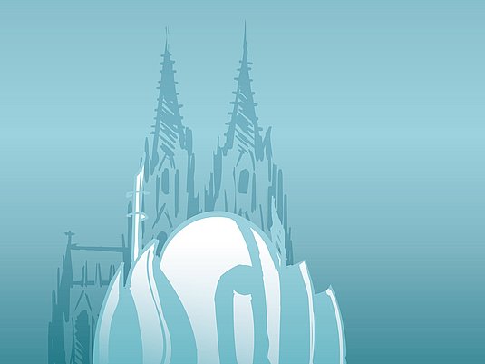 Illustration des Kölner Doms und einer Moschee